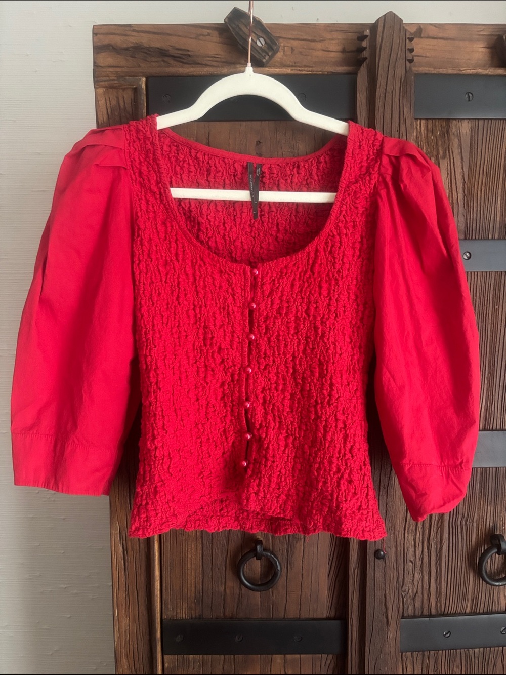 Anthropologie Red Smocked Puff-Sleeve Women's Top